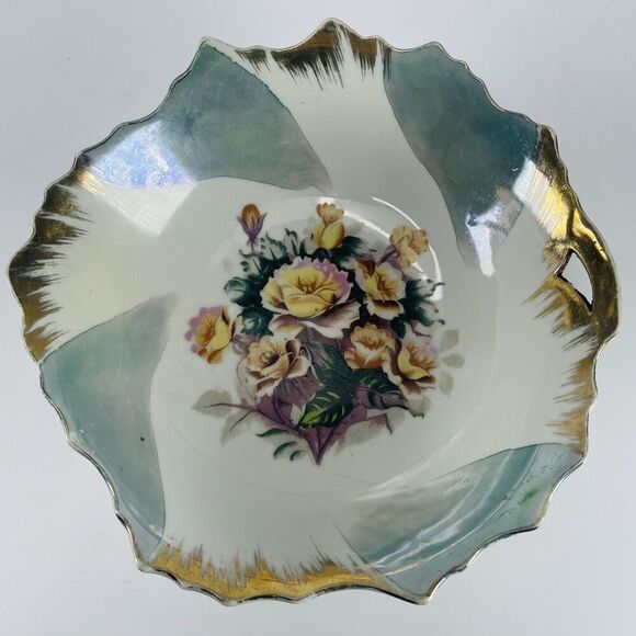 Vintage European Fine China Bowl One Handle Flowers Roses Gold Irregular Rim 8in - Picture 1 of 9